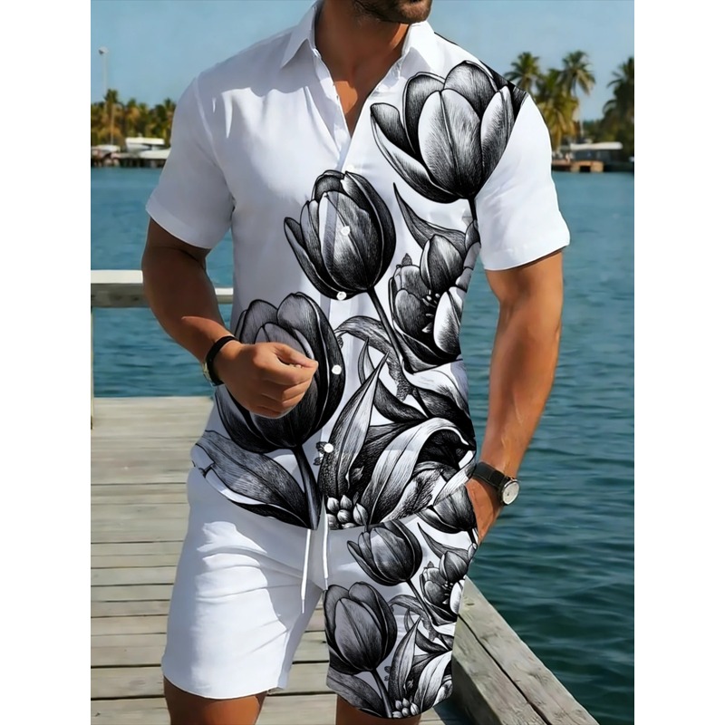 طقم قميص وشورت رجالي أبيض مطبو - مراجعة Resort Shirt Floral وسعره